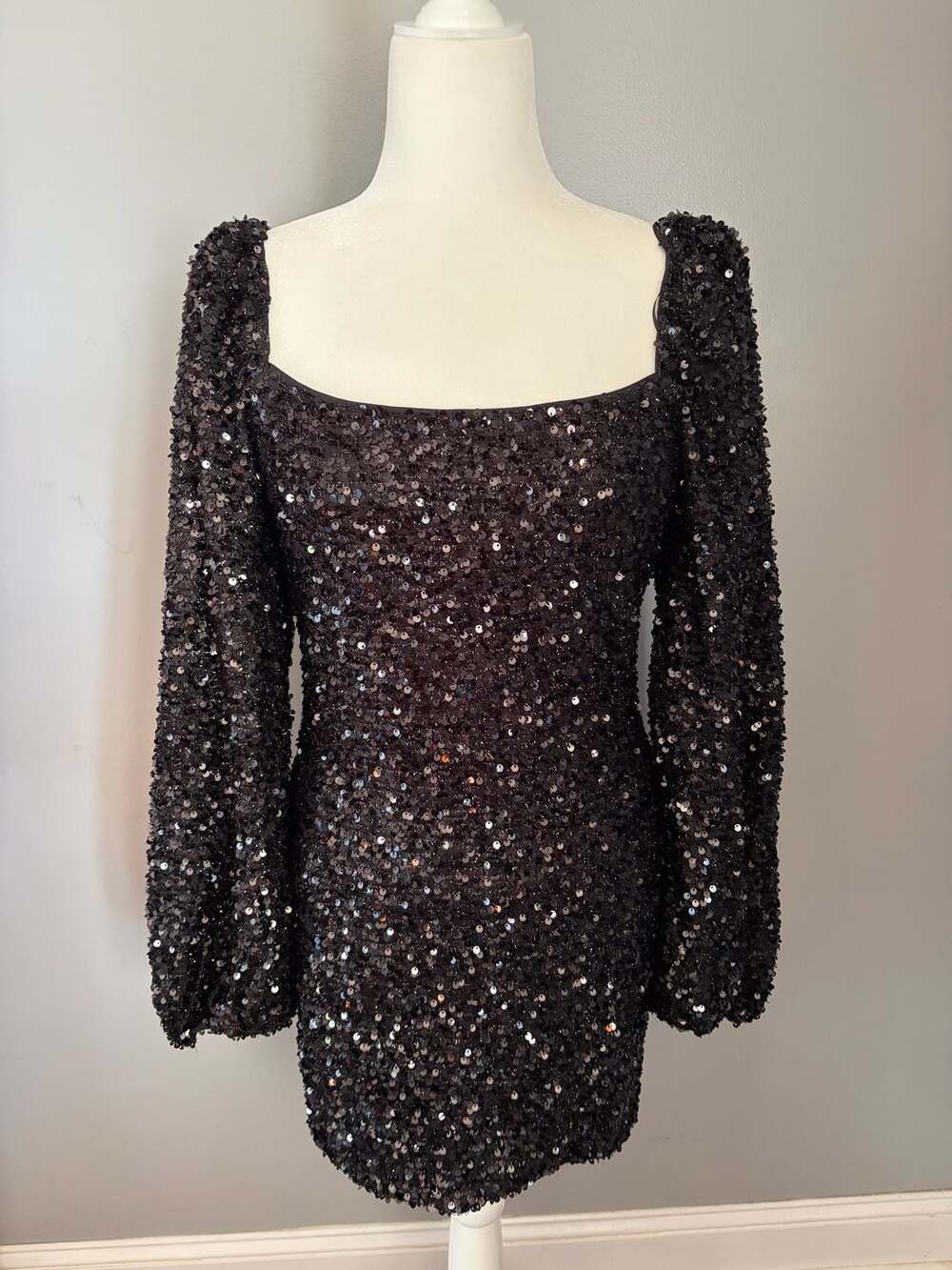 Lena Black Sequin Square Neck Long Sleeve Mini Dress